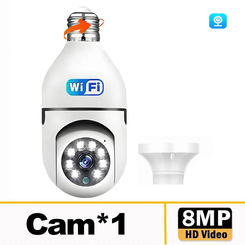 8MP E27 Bulb Wifi Surveillance Camera 8X Digital Zoom AI Humanoid Detection Color Night Vision Wireless Cameras Baby Monitor Cam