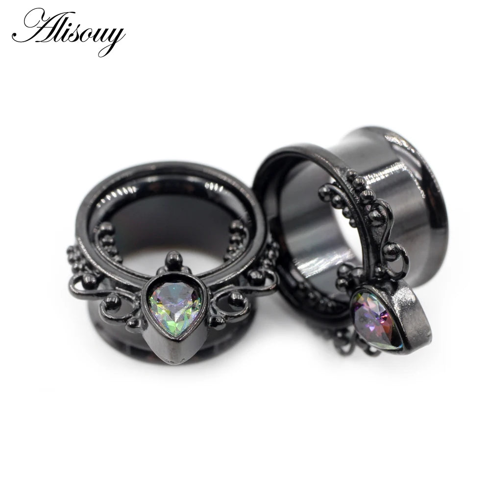 Alisouy 2pcs Punk Stainless Steel Water Drop Zircon Ear Tunnels Plugs Ear Expander Flesh Gauges Stretchers Body Piercing Jewelry