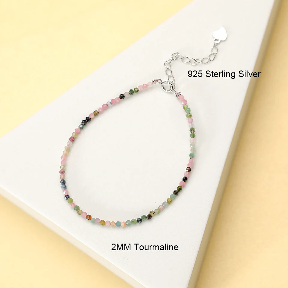 Natural Stone Beads Bracelet on Hand Chain Luxury Jewelry 2MM with 925 Sterling Silver Bangle for Women Gift Wholesale