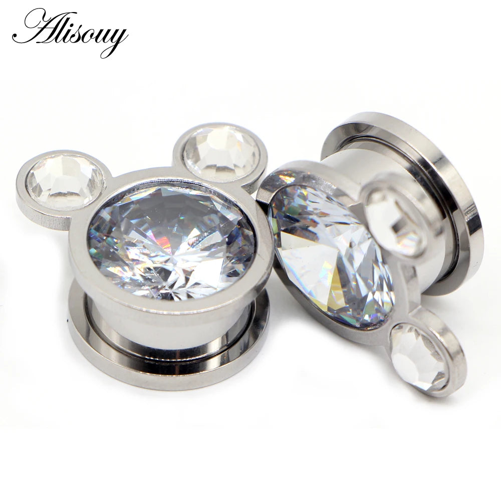 Alisouy 2pcs Water Drop Crystal Dangle Stainless Steel Ear Gauges Plugs Tunnel Expander Earring Stretcher Piercing Body Jewelry
