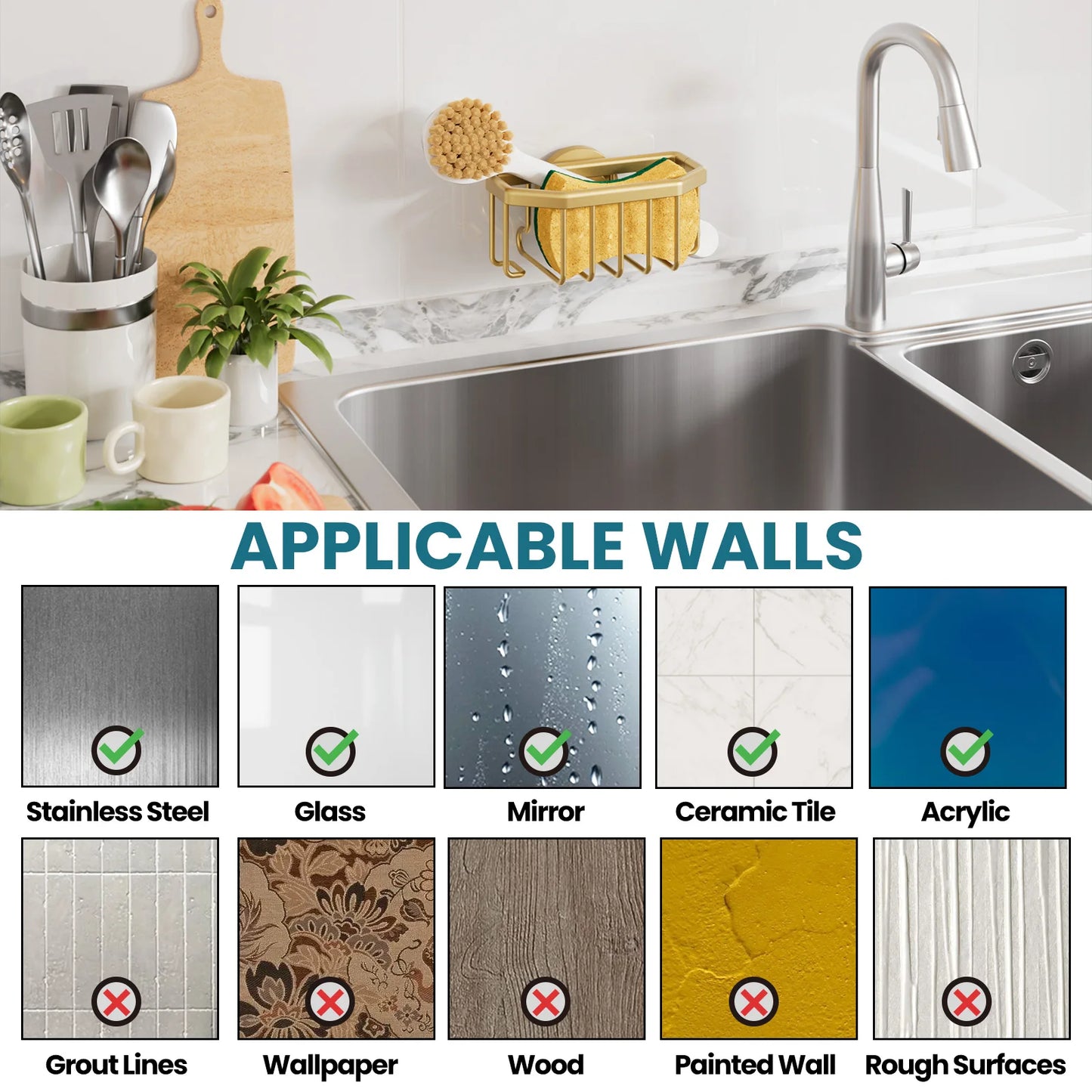 TAILI Gold Sponge Holder for Kitchen Sink with Strong Suction Cup Removable, Rustproof Aluminum Sink Caddy for Sponge, Brush