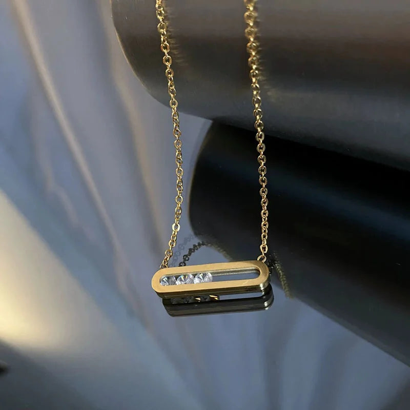 Minimalist Stylish Slide Zircon Geometry Square Pendant Simple Necklace Gold Plated Stainless Steel Women Fashion Jewelry Gift