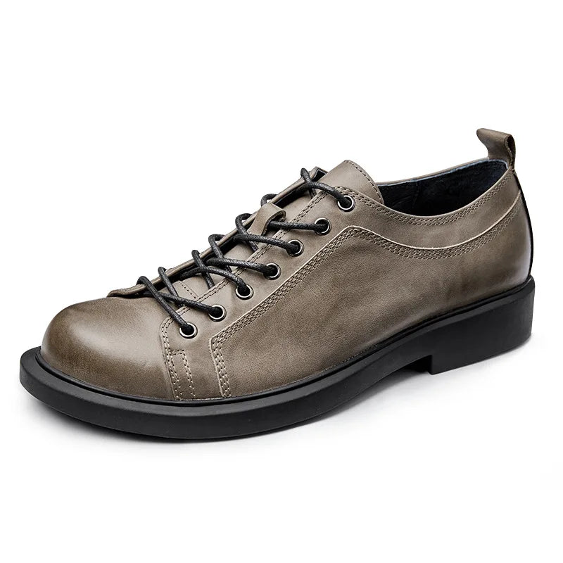 Men's Genuine Leather Shoes Lace-up Business Casual Large Round Head Soft Sole Ankle Walking Sneakers Outdoor Trekking College