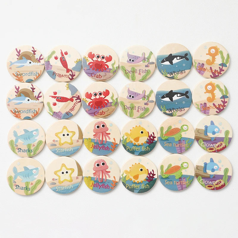 Children's Wooden Memory Matching Game with Educational Dinosaur, Animal, and Ocean-Themed Toys to Find the Same Ones