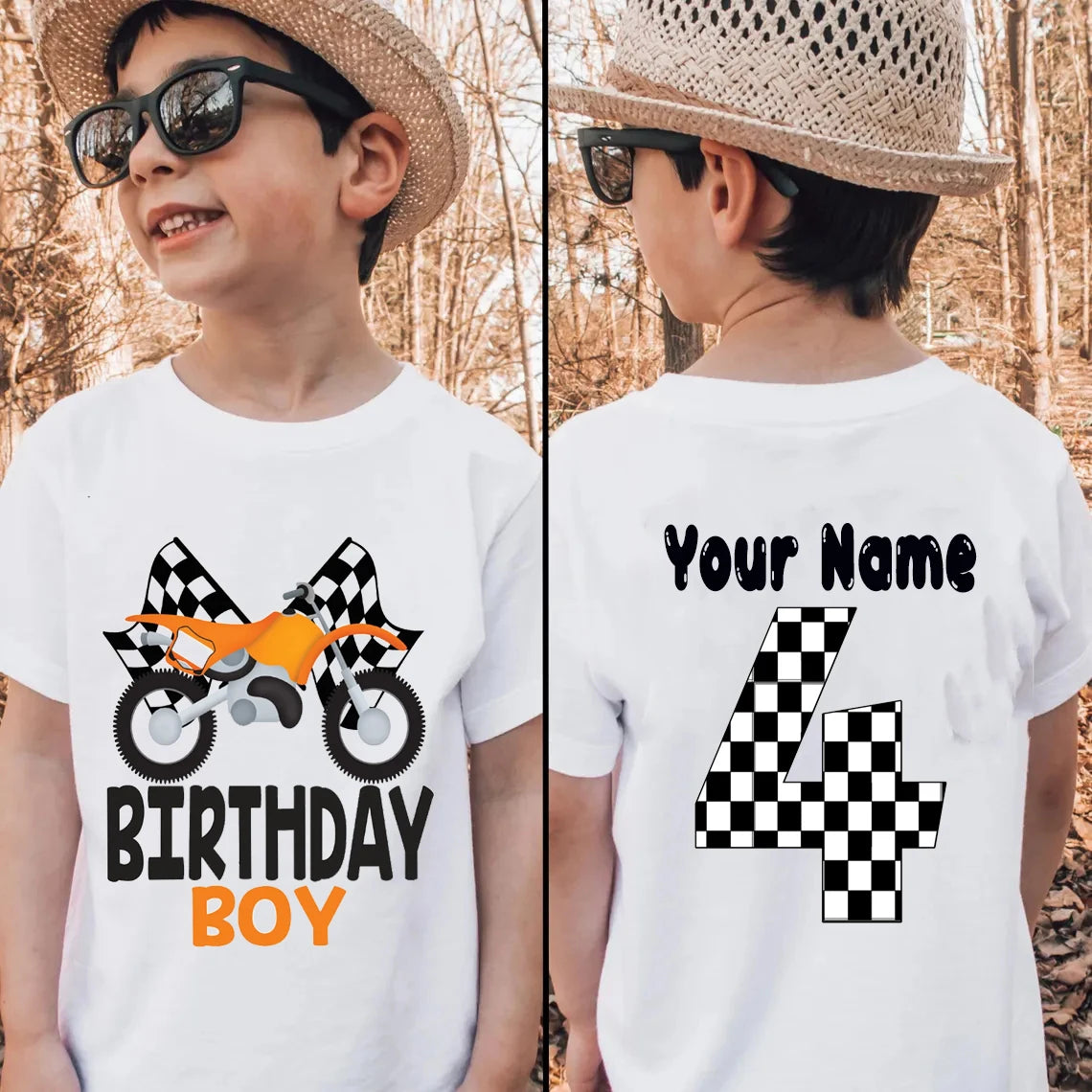 Personalized Name Boys Tshirt Motorcycle Birthday Tshirt1-9year Kids Tshirt Birthday Party Gift Fron/ Back Print Patterns Tshirt