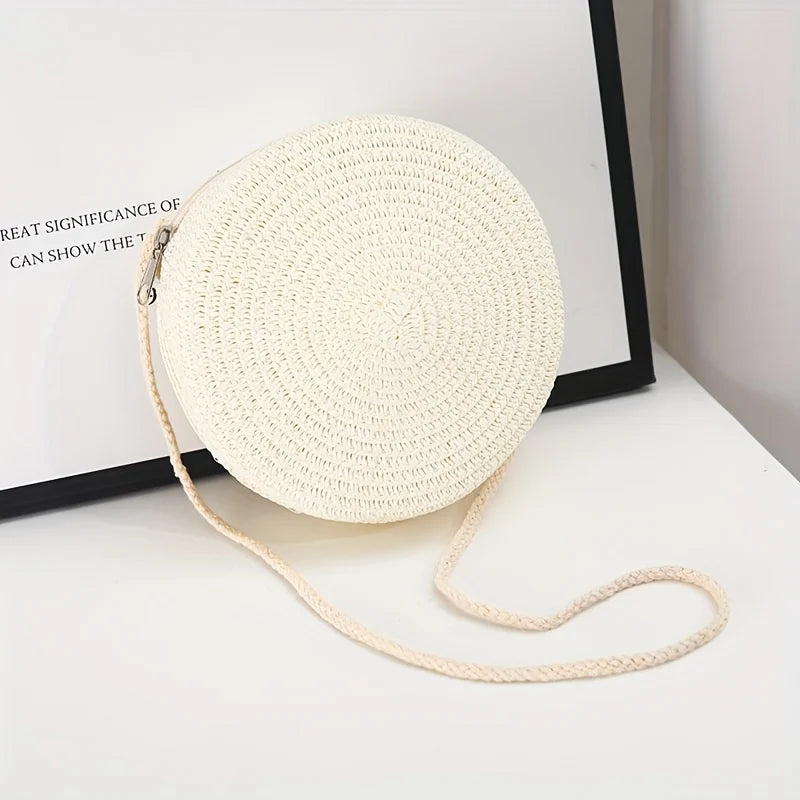 3 Colors Available Handwoven Charm Chic Women's Round Woven Crossbody Bag, Perfect for Beach Vacations Stylish Tote with Zipper