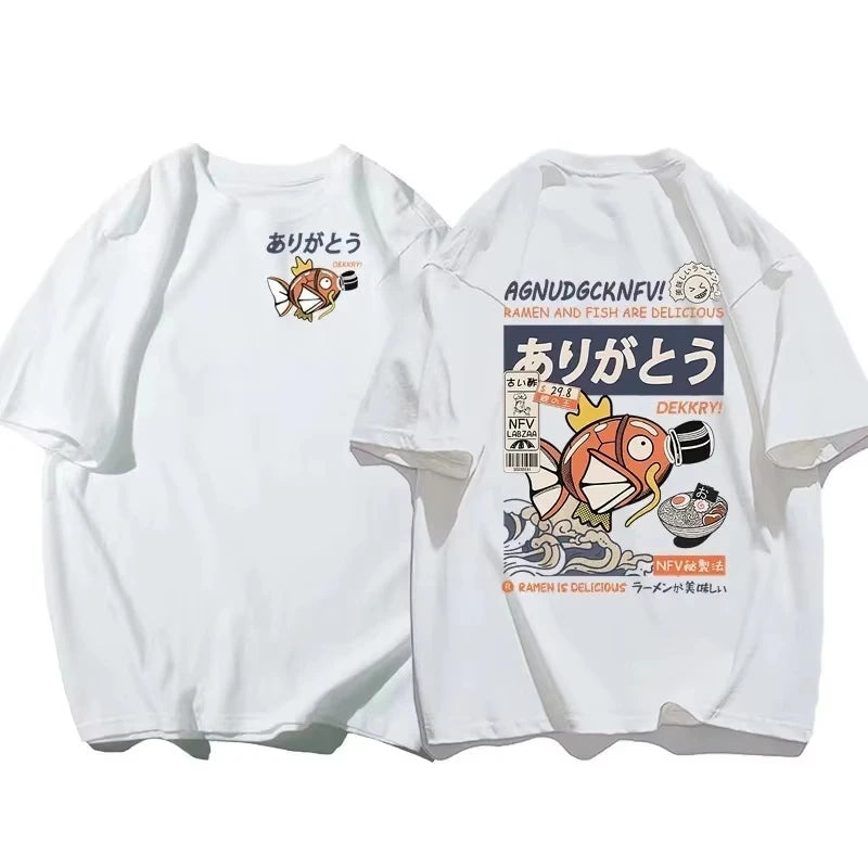 Japanese Streetwear T-shirt Men Koi Fish Soy Sauce Print Casual Women Short Sleeve Tee Summer 2025 Anime Fashion Y2k Clothes