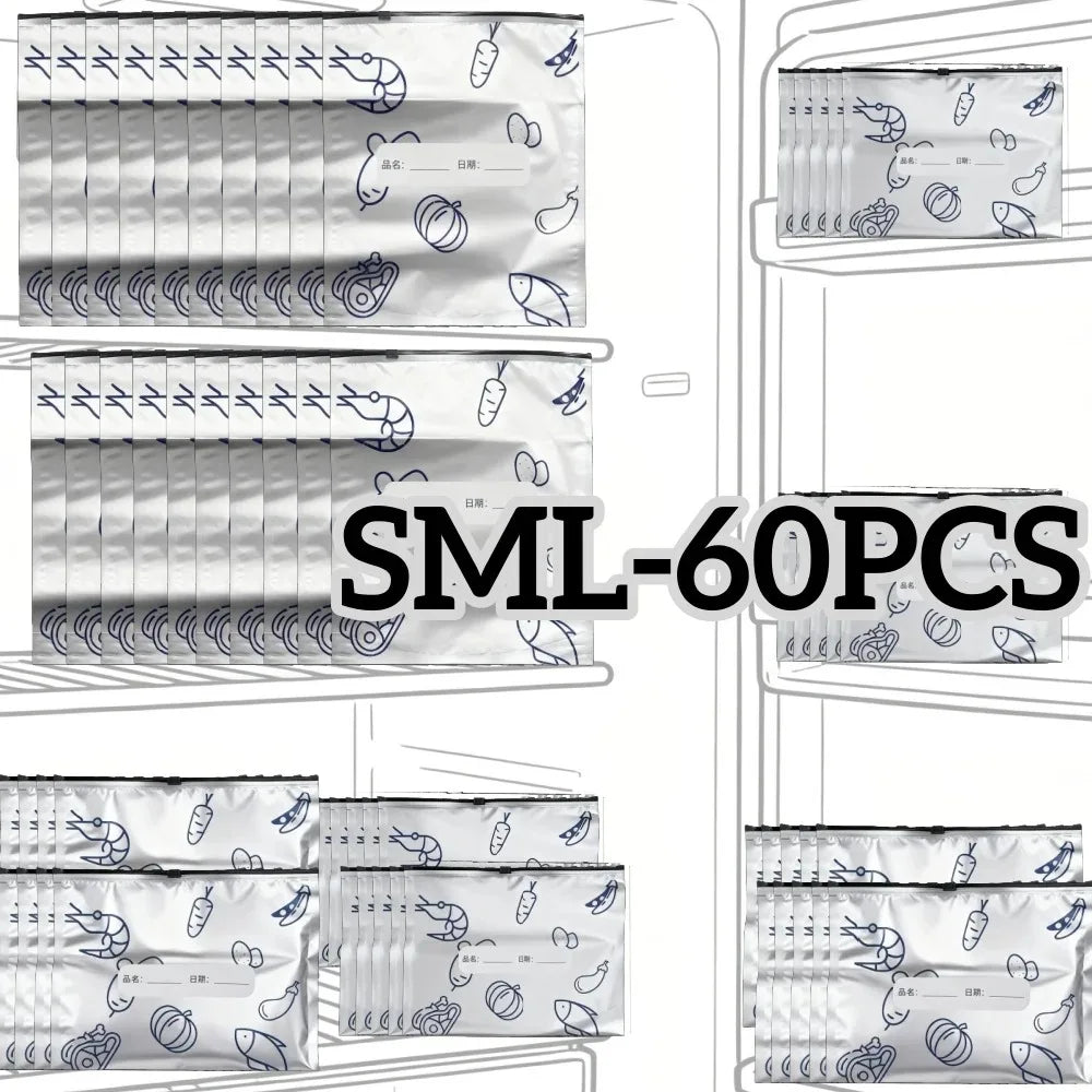 60pcs Aluminum Foil Storage Bags Freezer Sealed Organizers Food Packaging Reusable Pantry Odor-Proof Bag Kitchen Essential