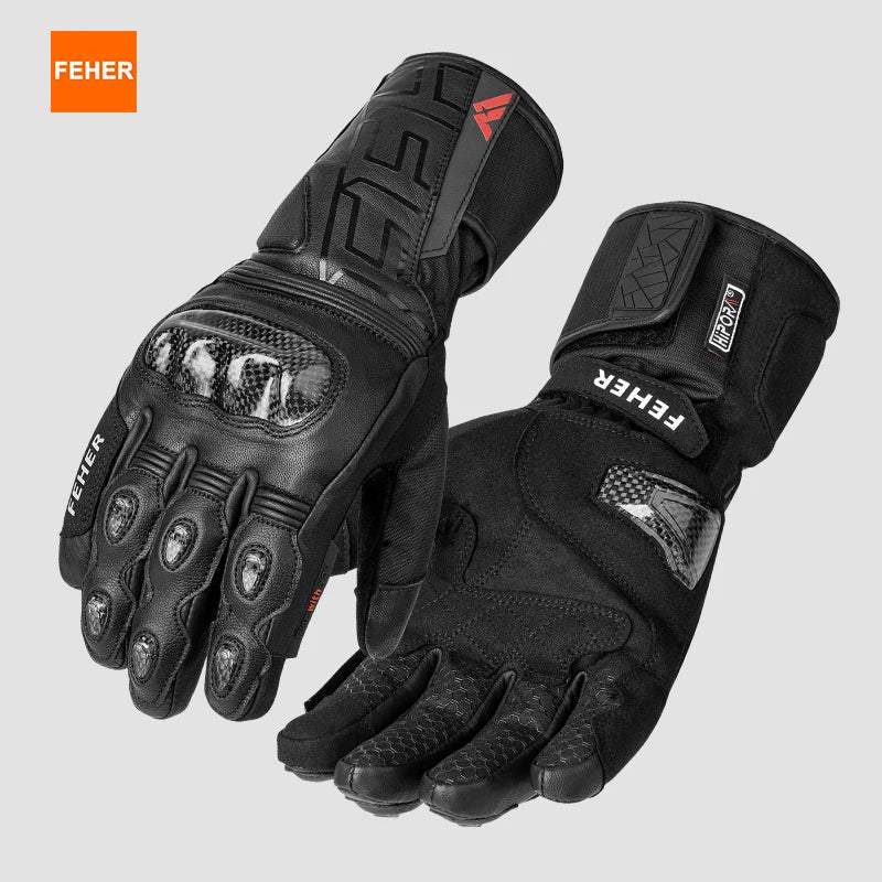 FEHER Winter Motorcycle Gloves Waterproof Touchscreen Leather Keep Warm Finger Joint Carbon Fiber Design Motorbike Riding Gloves