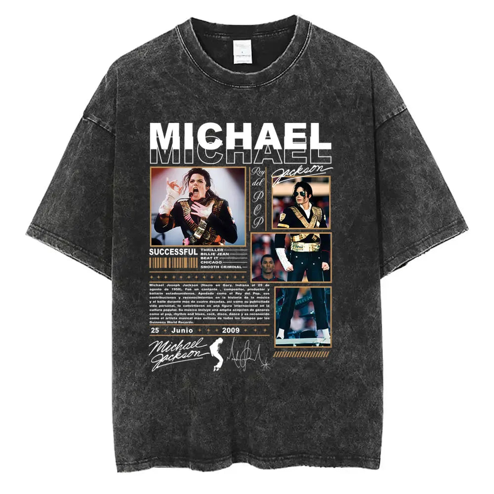 Vintage Washed Michael Jackson King of Pop T-shirt Men Women Retro Gothic Rock T-shirts Men's Punk Oversized T Shirts Streetwear