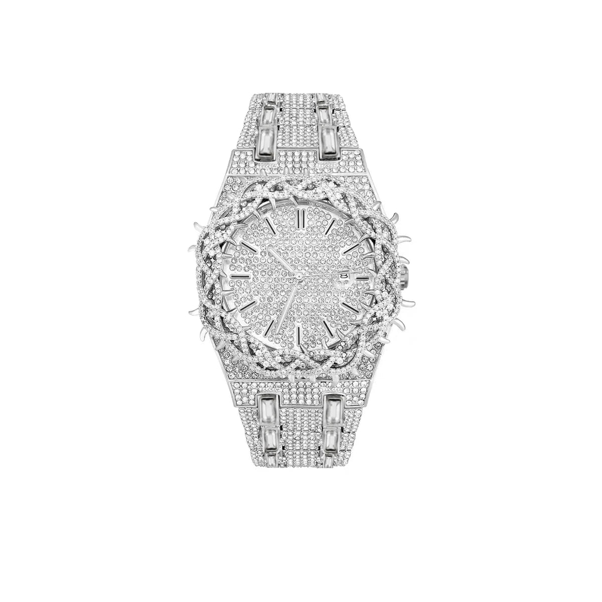 PINTIME Cool Black Watch For Men Luxury Thorn Crown Quartz Watches Fashion Hip Hop Iced Diamond Wristwatch Man Dropshipping