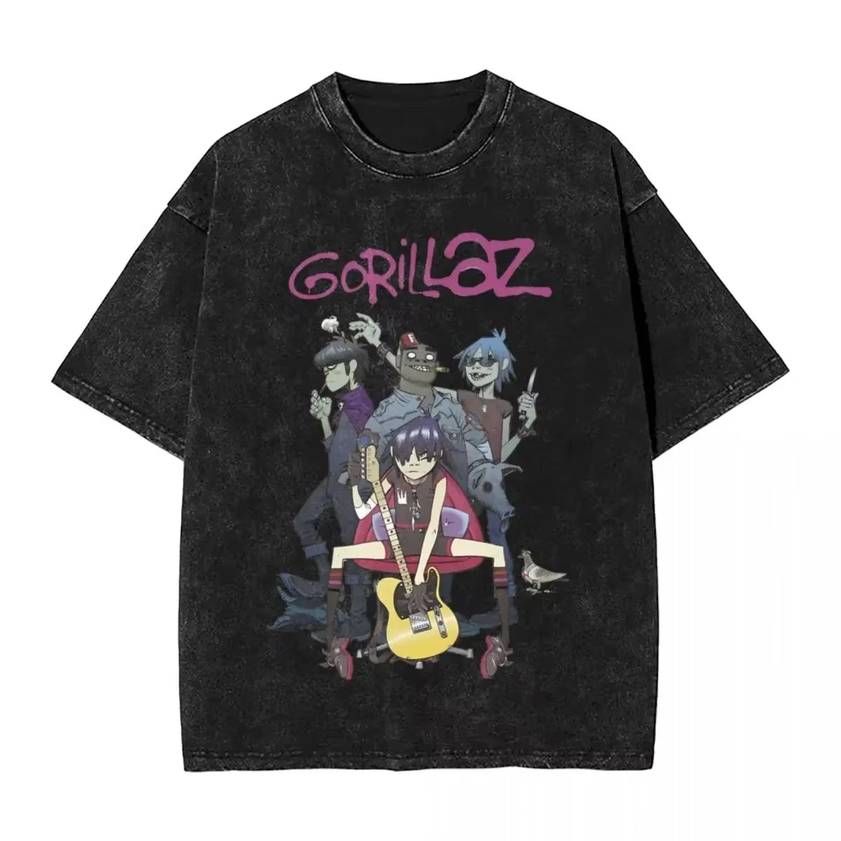 Washed T Shirts Gorillaz Geep Logo Hip Hop T-Shirt Street Music Band Punk Rock Y2K Streetwear Short Sleeve Tops Tees Men Women