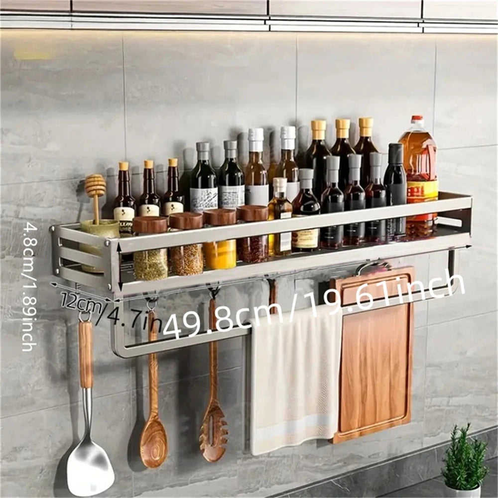 1/2pcs Aluminum Wall-Mounted Spice Rack Multifunctional Item Shelf Kitchen Tools Hooks Kitchen Condiment Storage Rack