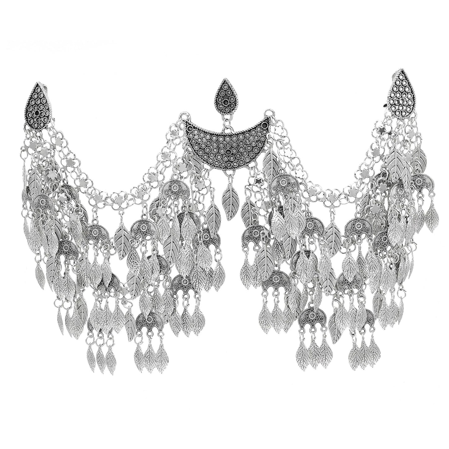 Vintage Silver Plated Moon Leaves Hair Accessories Boho Afghan Ethnic Women's Hair Jewelry Assyrian Tribe Bride Wedding Headband