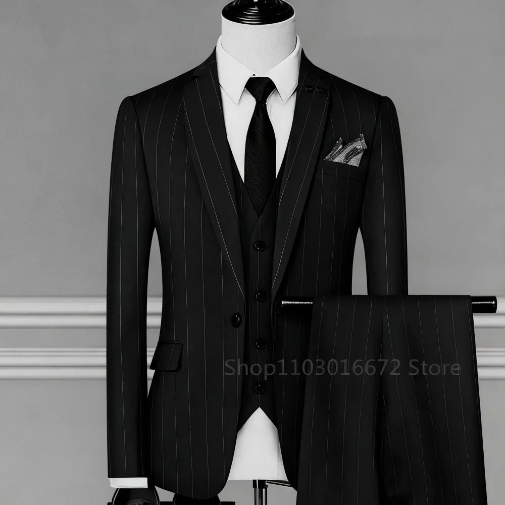 Elegant Black Grey Men's Business 3-Piece Suit Slim Fit Wedding Jacket Vest Finesse Adjustable Ternos for Masculine Fashion
