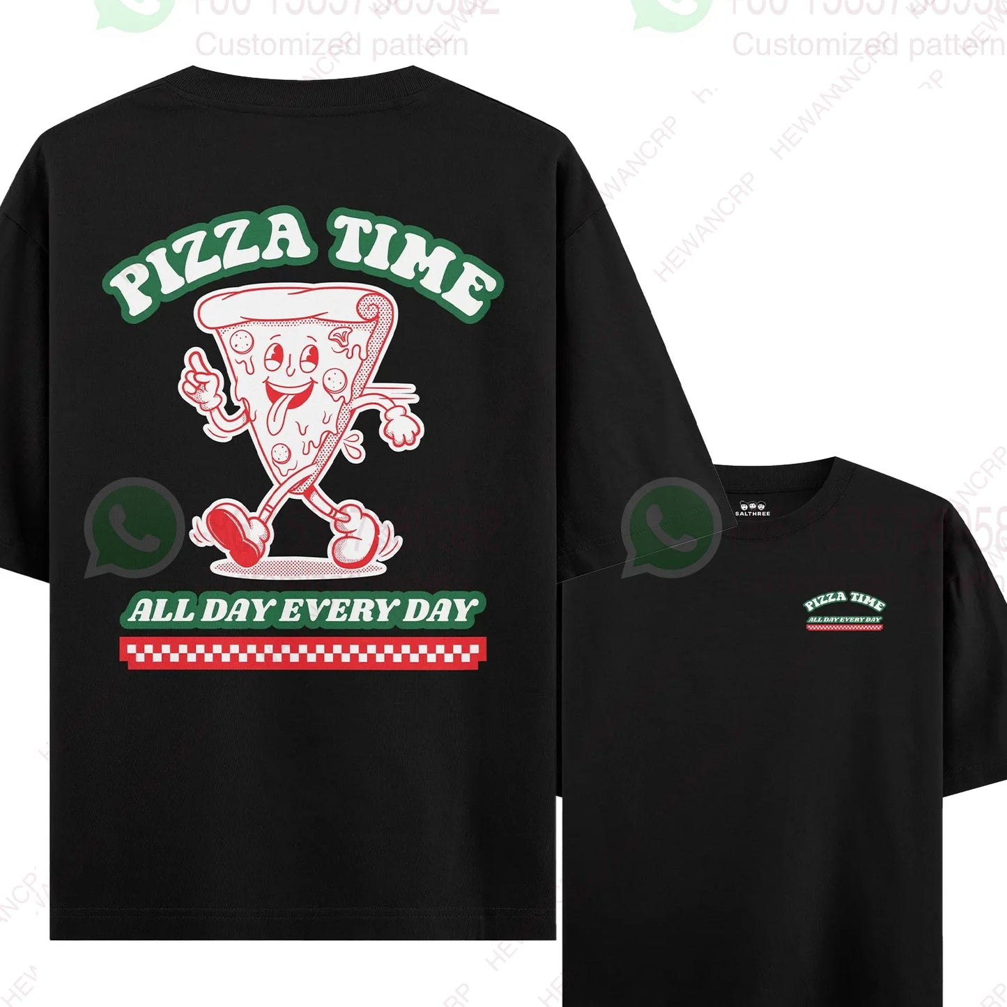 Men Cotton T-Shirt Funny Pizza Time graphic print T Shirt Unisex O-neck short-sleeved Tee Oversized casual Tshirts streetwear
