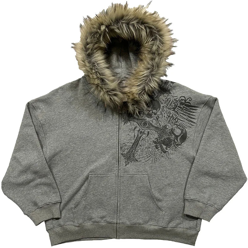 Autumn/Winter Y2k Women Aesthetic Harajuku Faux Fur Collar Hoodies Clothes Graphic Hip Hop Punk Gothic Zip Up Hoodies 2025 new