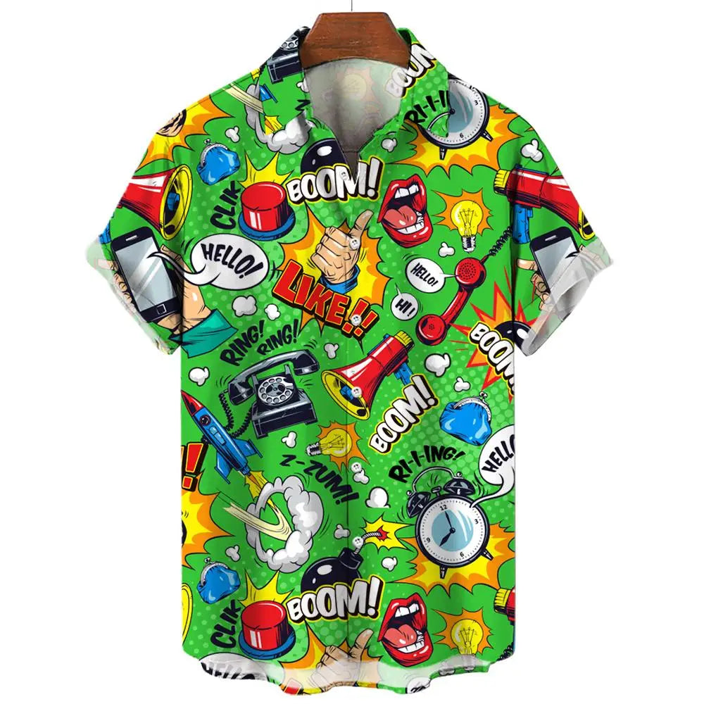 Hawaiian Shirt Short-Sleeved Shirt Men's Lapel Button-Down Shirt Graffiti Print Clothing Street Casual Loose Clothes 2024Fashion
