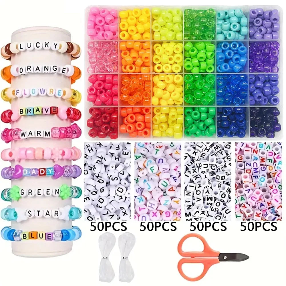 SHU YU Pony Beads for Friendship Bracelet Making Kit 24 Colors Kandi Beads Set, Plastic Rainbow Bulk and 980pcs Letter Beads wit