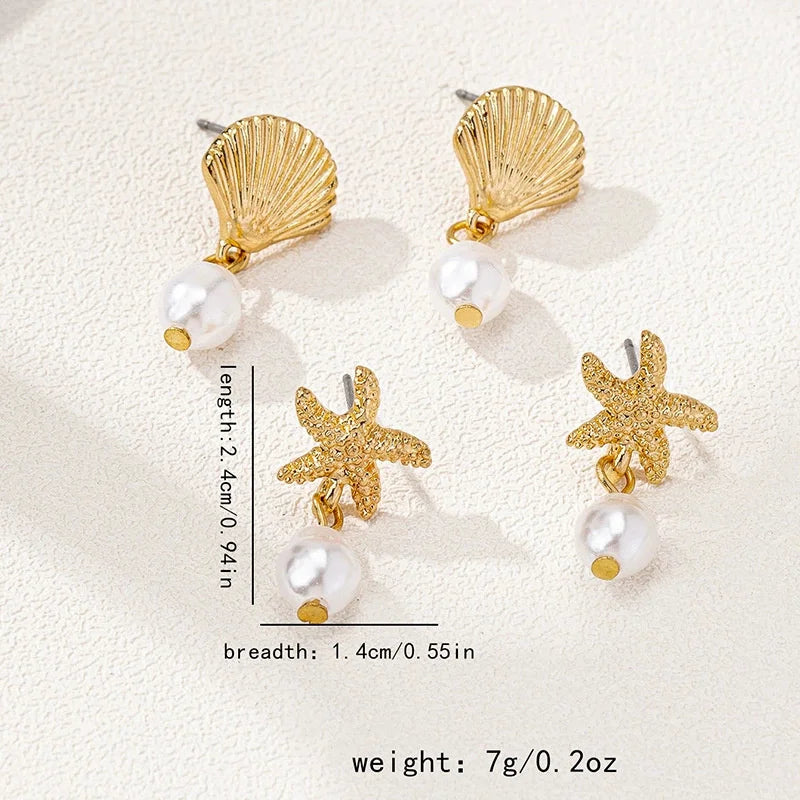 Summer Starfish Imitation Pearl Drop Earrings for Women Fashion Metal Shell Earring Summer Day Beach Vacation Style Jewelry Gift