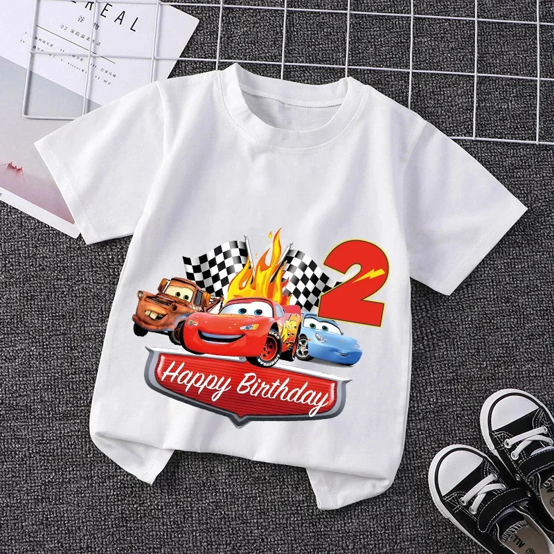 Lightning Mcqueen T-shirt for Boy Kids Clothes Birthday Number 1-9 Print Cars Tees Children Clothing Party Wear Cotton Tops Gift