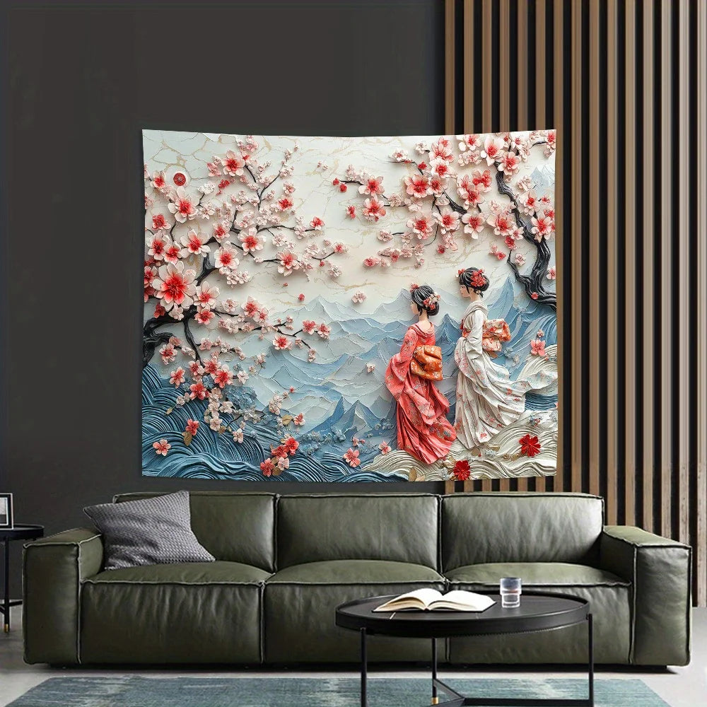 1pc 3D stereo visual effect cherry blossom and girl background cloth, living room bedroom office room decoration tapestry