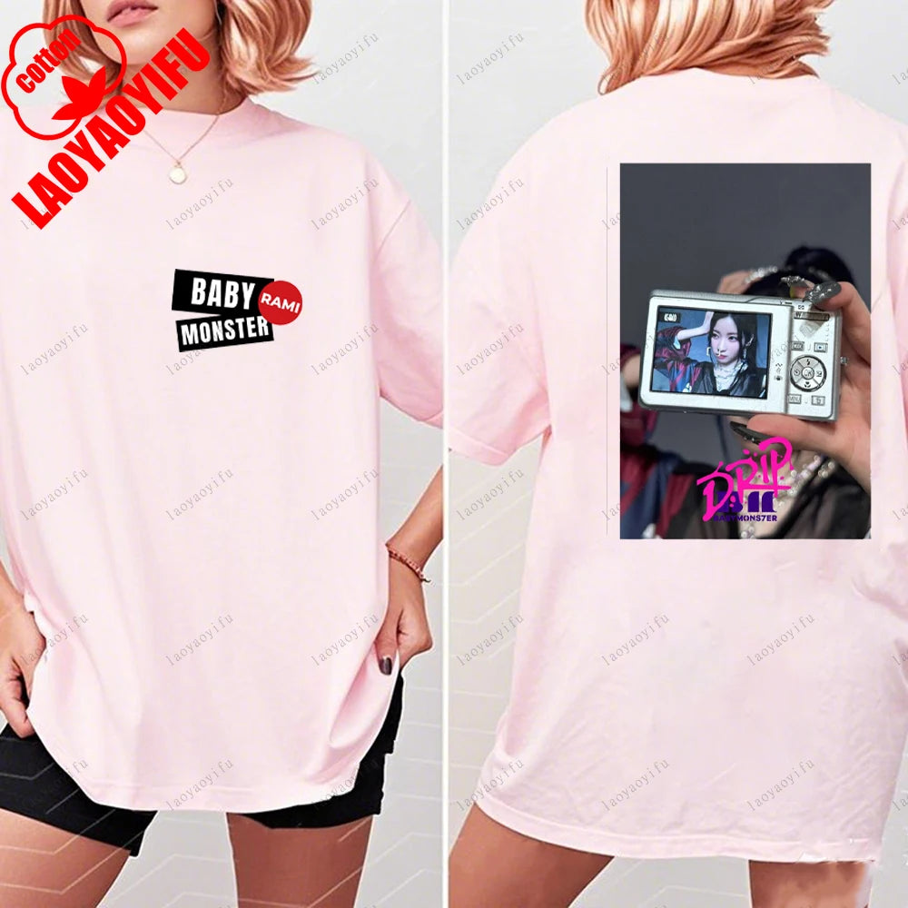 BABYMONSTER Kpop Band T-shirt Korean Fashion Summer Double Sided Tee Short Sleeve Cotton Comfortable Tshirts Women/Men Clothes