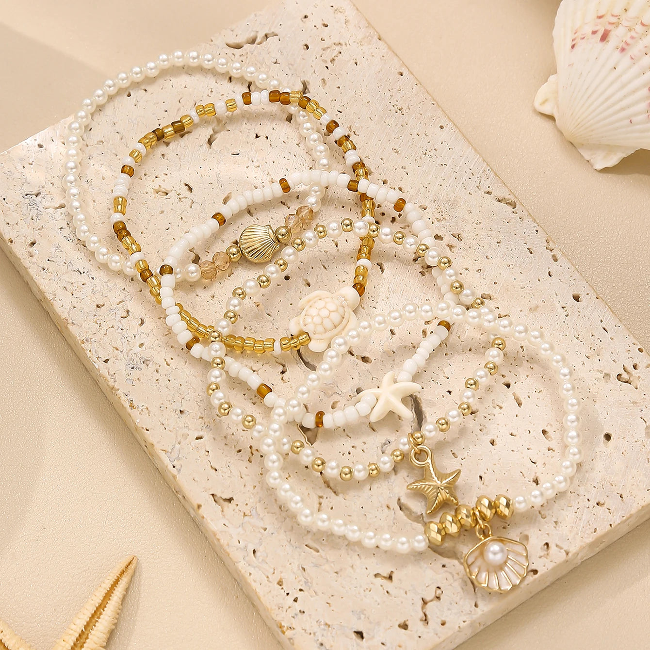 Elegant Multi-layer Imitation Pearl Bracelet Starfish Shell Turtle Pendant Bracelet Women's Summer Party Dating Jewelry