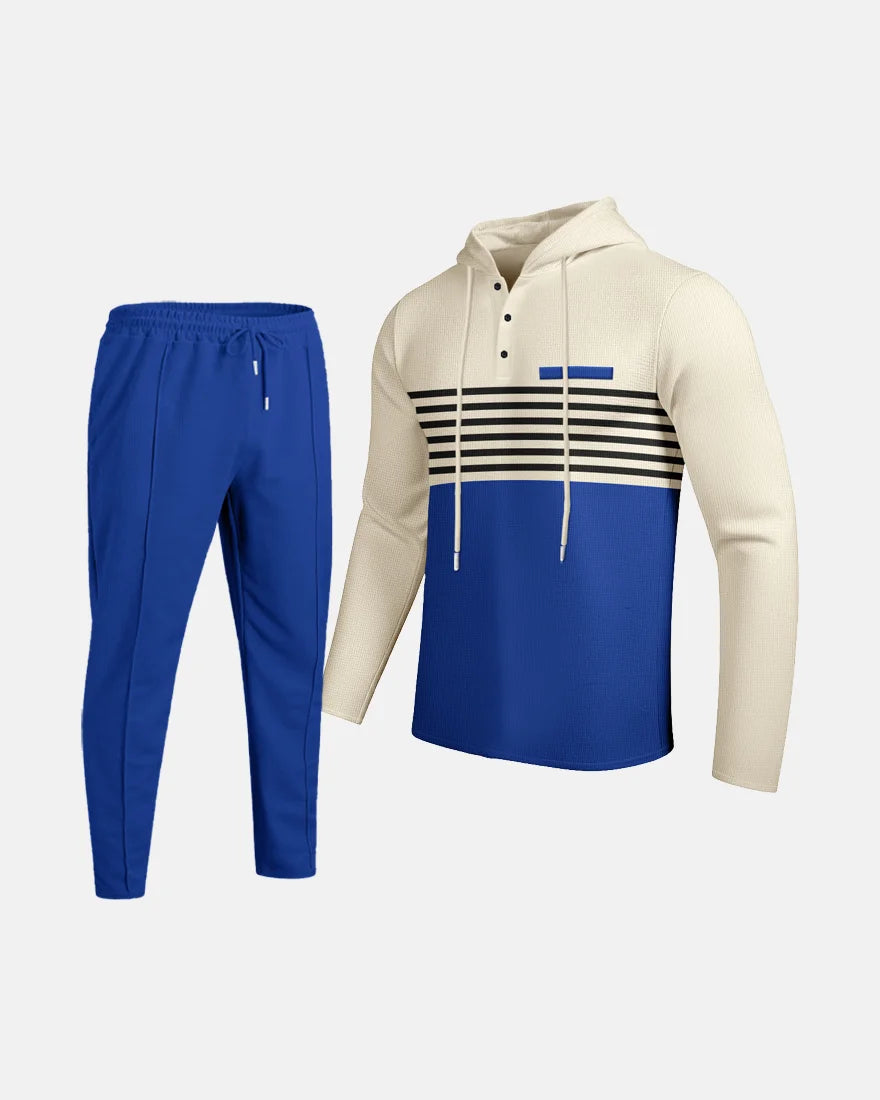 New Men's Waffle Casual Set Outdoor Four Seasons Versatile Trendy Stripe Color blocked Hoodie, Casual Pants Two Piece Set
