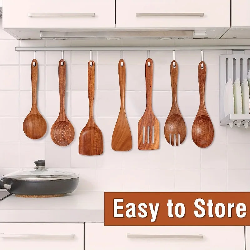9pcs Premium Wooden Cooking Utensils Set Heat Resistant Non stick Pan Kitchen Cooking Tools Shovel Spoon Salad Spoon Fork