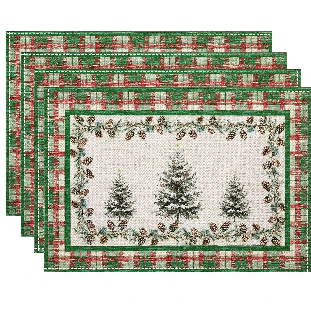 Retro Checkered Christmas Tree Linen Placemat Table Mats Rectangular Non Slip Dining Table for Kitchen Home Decor Essentials