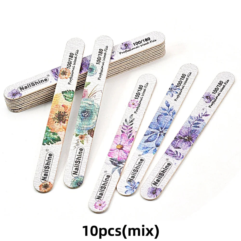 10pcs Set Wood Nail Buffer Reusable 100/180 Grit Smooth Straight Nail Files Floral Design Beautiful Nail Care Equipment