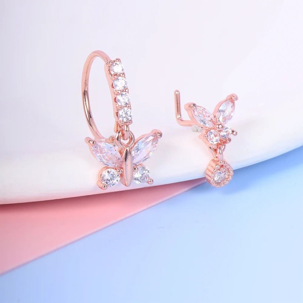 2Pcs Butterfly Pendant Dangle Nose Studs Ring Stainless Steel Zircon Indian Nose Piercing Rings Earrings Valentine Jewelry Gift