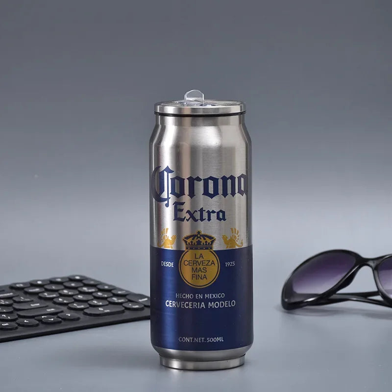 500ml Thermos Stainless Steel Cup Creative Beer Can Insulated Cup Vacuum Cups with Straw Cold Keeper Cola Cans Insulated Bottle