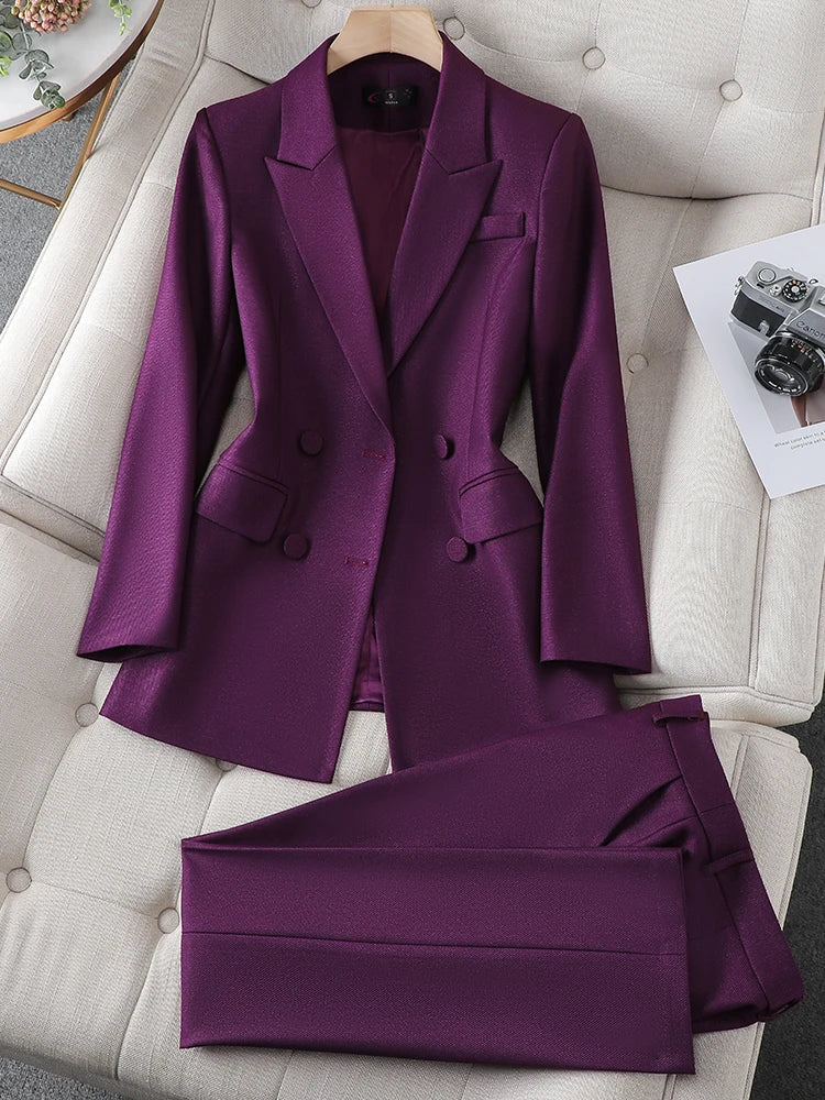 Blue Purple Black Women Blazer and Pant Suit Office Ladies Business Work Wear 2 Piece Set Female Long Sleeve Jacket And Trouser