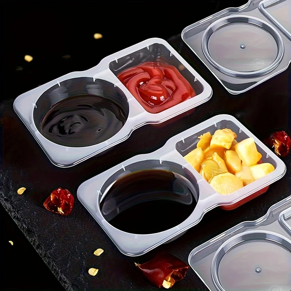 50pcs Collapsible Double Compartment Food Containers - Portable Kitchen&Picnic Essentials, Mini Fruit Tray, Transparent Storage