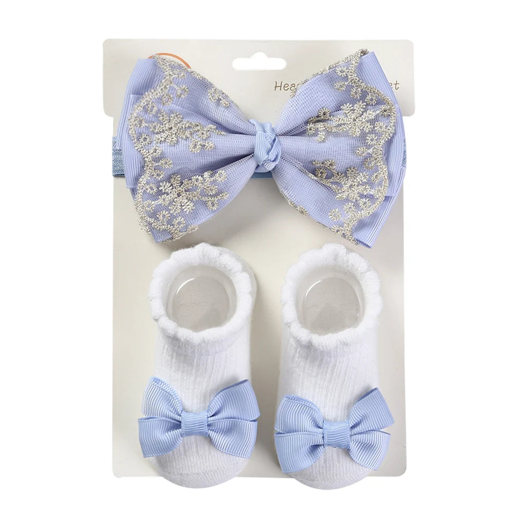 3Pcs/Set Solid Cotton Baby Non-Slip Socks Mini Ribbon Bows Boutique Gold Lace Elastic Hair Bands 0-12M Princess Girls Headwear