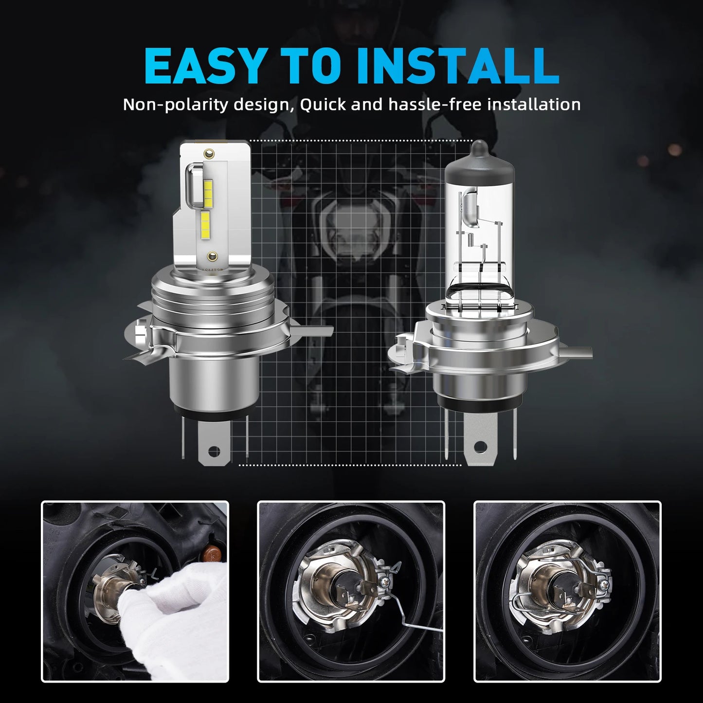 BEVINSEE BA20D H4 LED Motorcycle Headlight Bulb Wireless Non-polarity Hi/Lo High&Low Beam BA20D H4 LED Motorbike Headlamp 12V