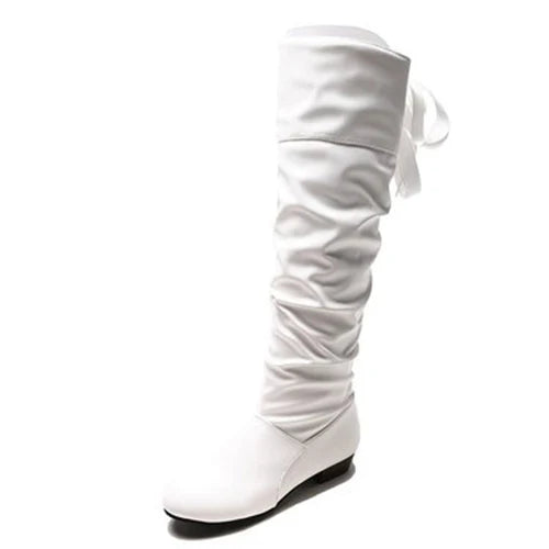 2023Shoes For Women Knee High Boots Red Black White Tall Boots Woman Pleated Low Heel Casual Leather Female Long Shoes