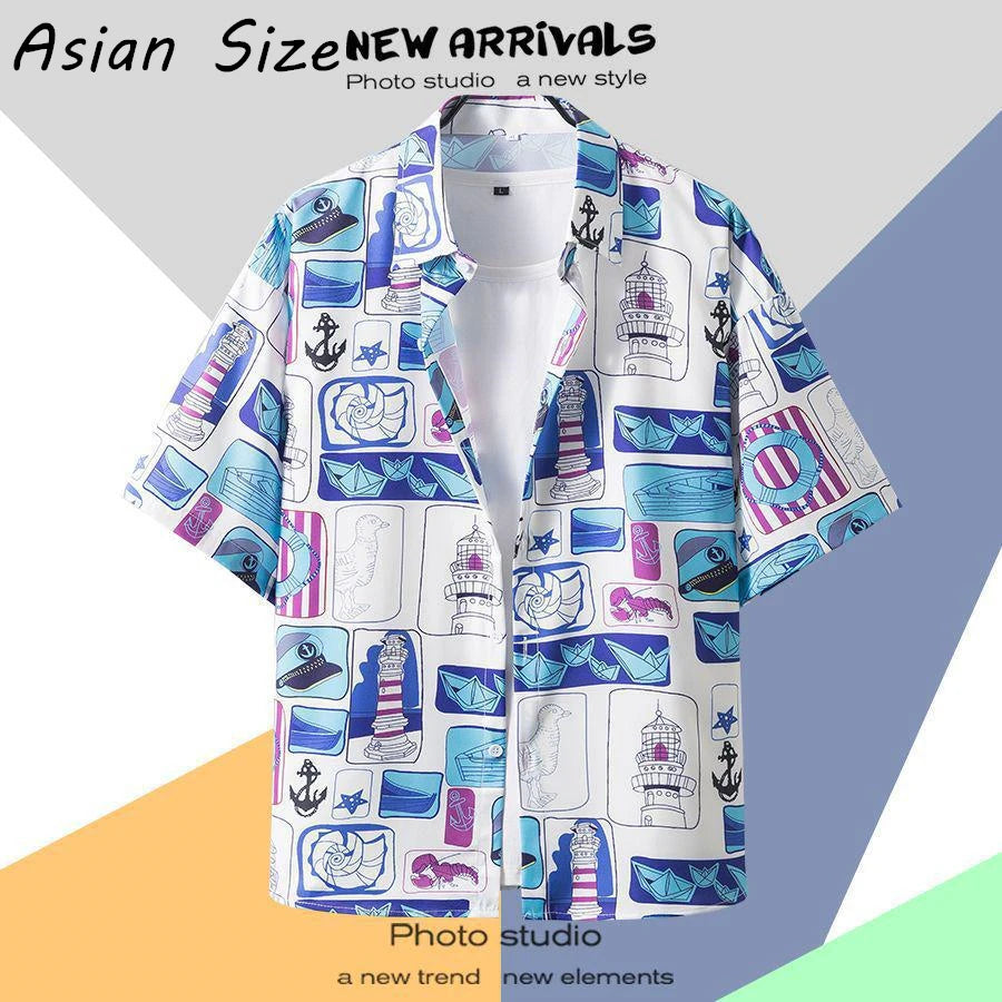 Men Street Fashion New Korea Style Trendy Men Women Hawaiian Shirts Casual Loose Tropical Beach Palm Tree Graphic Lapel Blouses