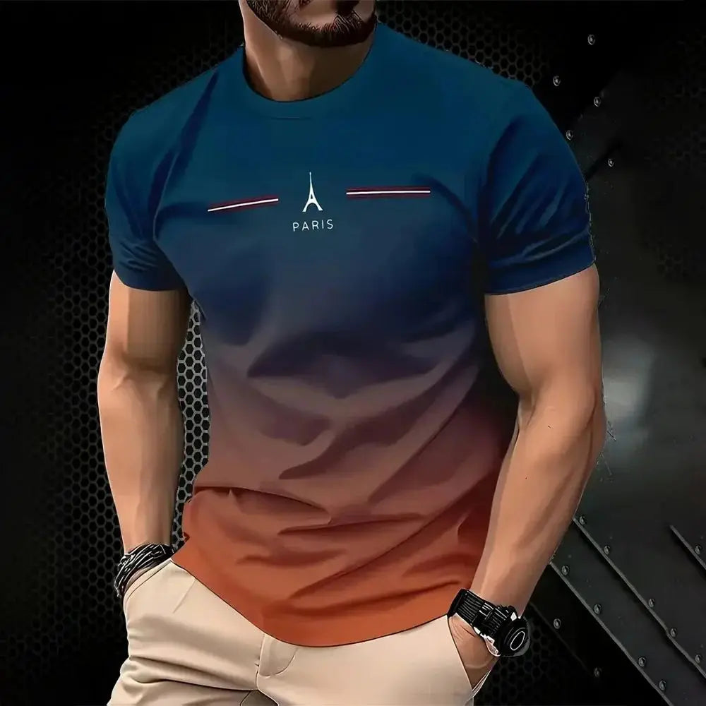 The new summer 2025 quick-drying men's T-shirt features a casual fashionable and streetwear 3D gradient print