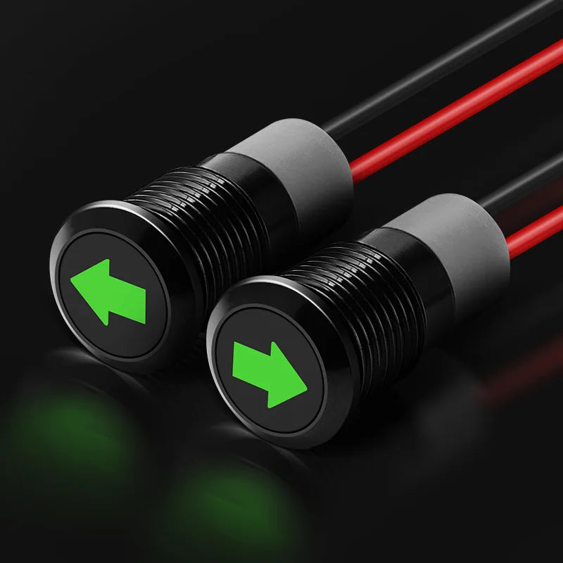 12mm Waterproof LED Indicator Light 12V Single Arrow Car Turn Signal 24V Green LED Metal Dashboard Pilot Lamp with 300mm Wire