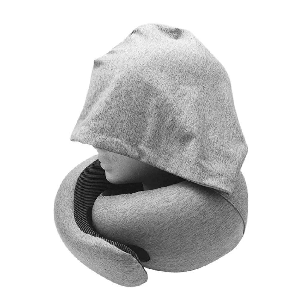 Portable Detachable Cover Travel Neck Pillow U-Shaped Hooded Feature Travel Bag Pillow Memory Foam Headrest Airplane Travel