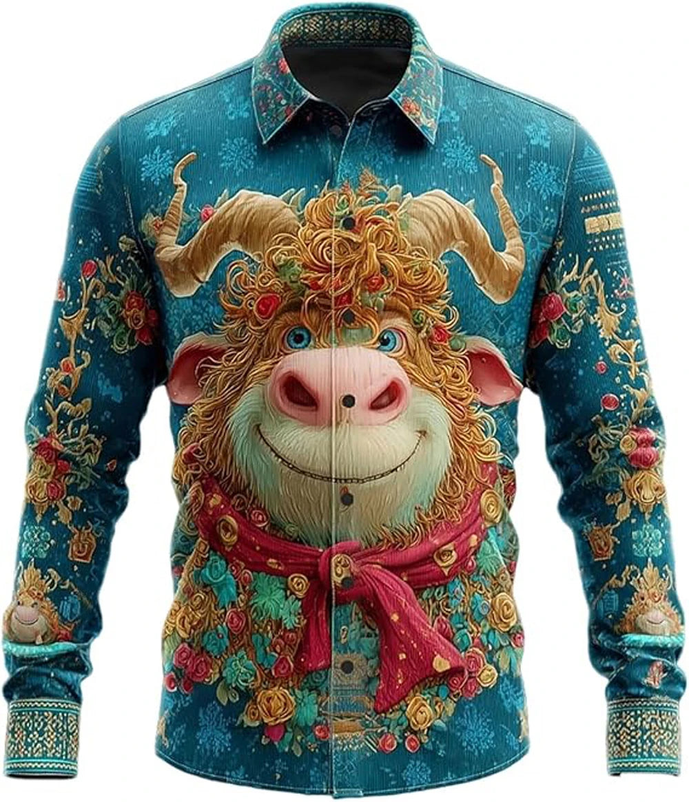 3D printed cartoon prints, high-quality and comfortable men's boutique fashion long-sleeved shirt, trendy printed men's shirt