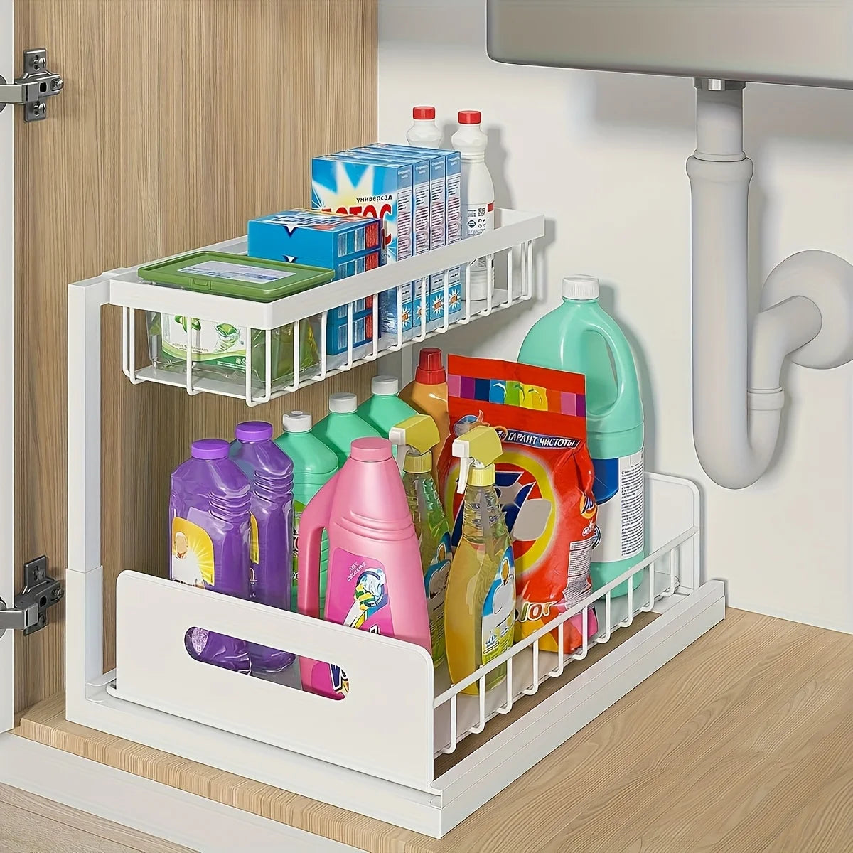 Under Sink Kitchen Storage Rack Set - Sliding Metal Drawer Organizer for Bathroom, Pantry, and Cabinets Essential for Home Use