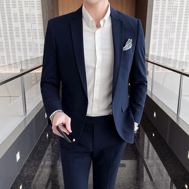 Men's Stylish Handsome Solid Color Suit Two-Piece Set M-4XL High Quality Formal Casual Banquet Fit Trousers Included