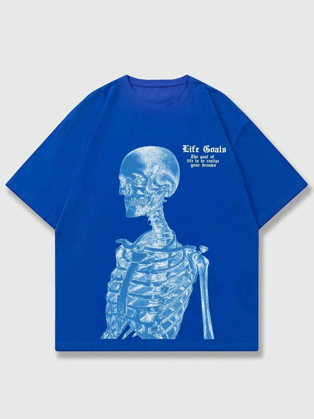 Blue Skeleton Man Life Goals Letter Printing Women T-Shirts Summer O-Neck Cotton Tops Street Fashion Tees Loose Soft Clothes