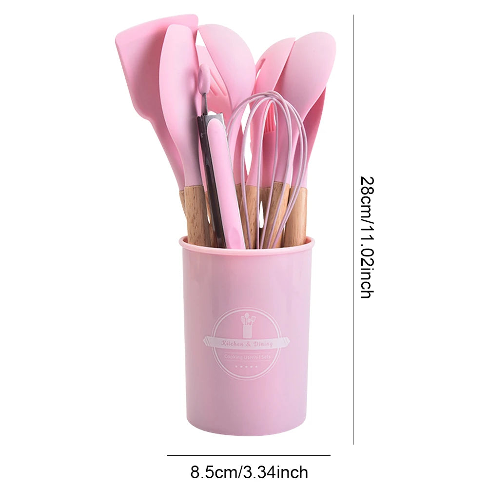 12Pcs Kitchen Utensil Set Cooking Tools Kit Wooden Handle Non-Stick Spatula Set Spatula Spoon Brush Whisk for Home Kitchen