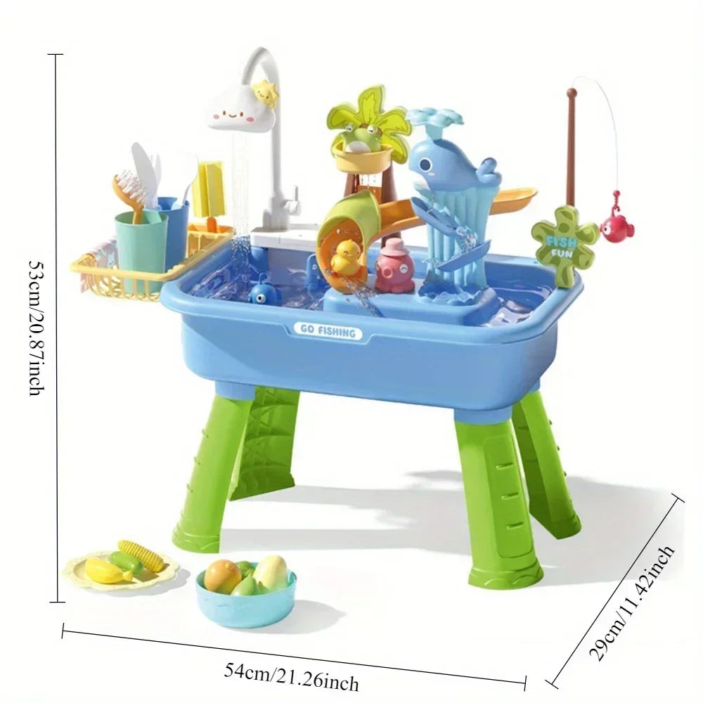 Kids Play Sink with Running Water & Electric Faucet,Water table with Pump,Tableware & Fishing Game,Toy Kitchen Sets for Kids
