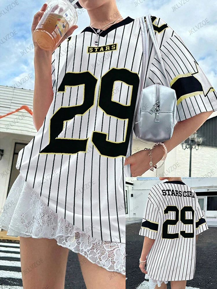 Oversized T-shirt For Women V-Neck Short Sleeve Summer Pink Patchwork 29 Printed Streetwear Tops Casual Football Jersey Y2k Tees